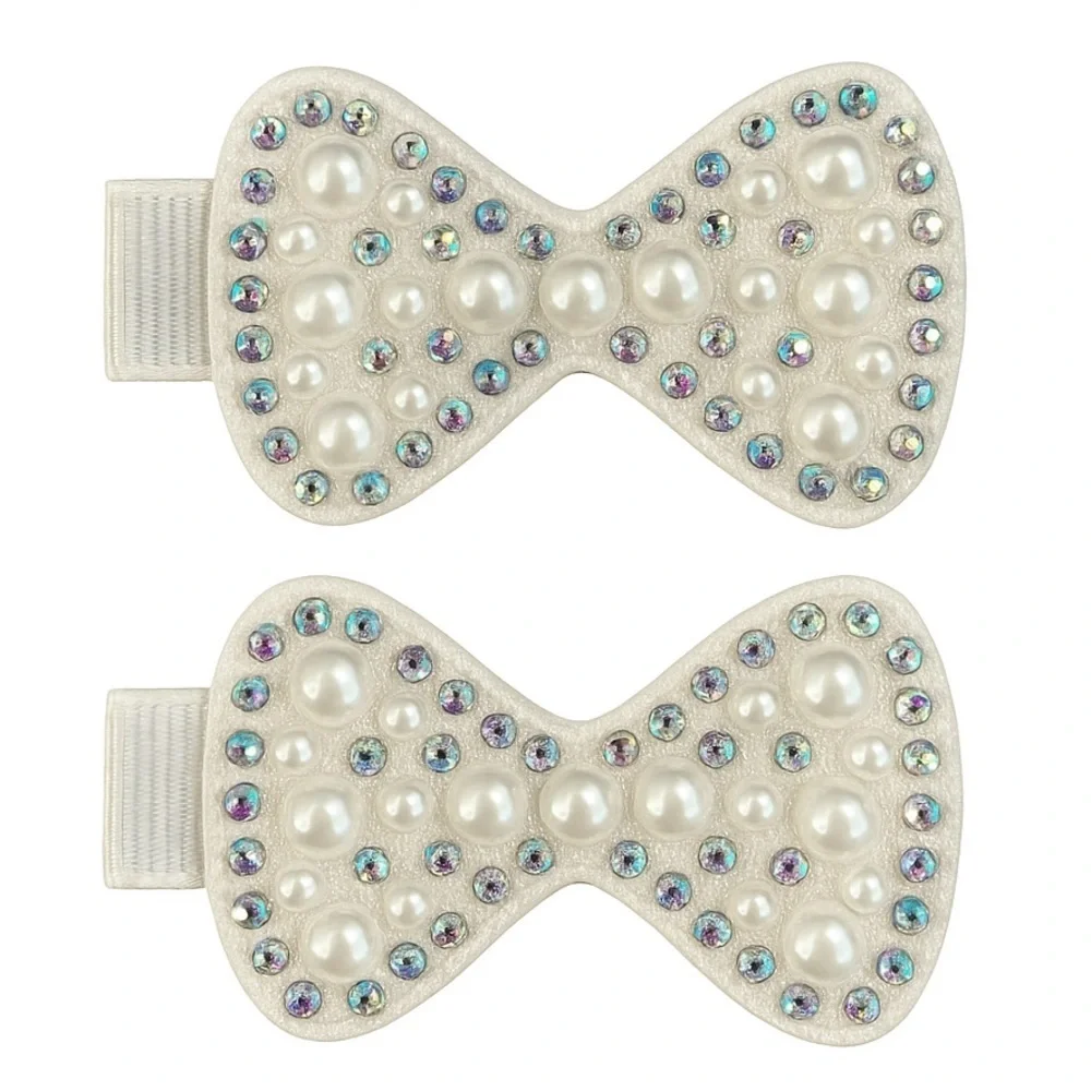 White Bow Hair Clips With Pearls And Rhinestones